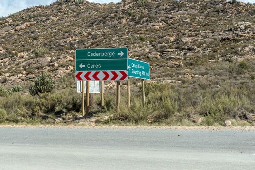 Directional sign at the junction between Katbakkies road and the Ceres to Matjiesrivier road in the Western Cape Province