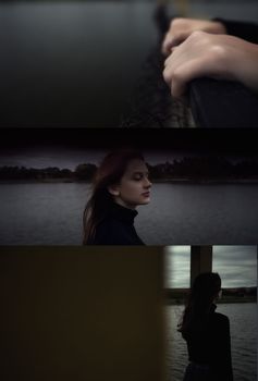 bullying teen girl aloofness young detachment a lonely helpless woman thinks about life and does not want to live looks at a gloomy photo into the distance and a renunciate thinks alone with herself and is bored upset on a pier by the water sits on a pier in the evening. High quality photo