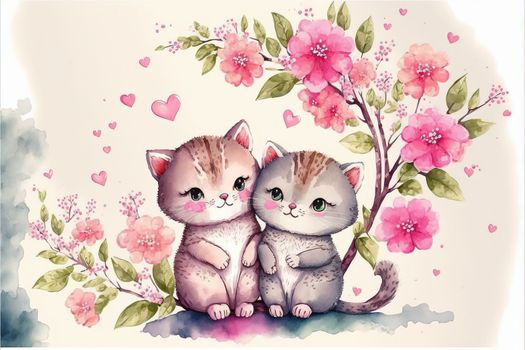 Cute little kitten in love on romantic Valentine's day hand drawn cartoon style. Generative AI