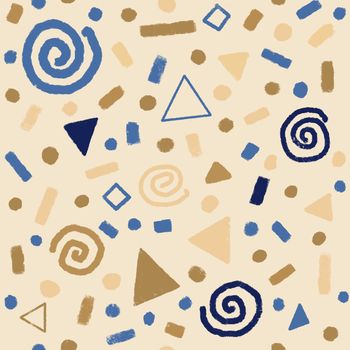 Festive seamless pattern with gold and blue doodles,swirls, stars, geometric elements.. Christmas background for wrapping paper, surface textures, scrapbook