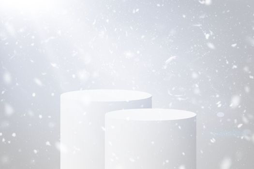 Realistic two product catwalks for winter and Christmas design with discount, sale. Catwalks, lights and falling snowflakes
