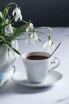 Still life with white snowdrops in a ceramic vase in the form of a swan, coffee in a white cup, conceptual morning ritual whith a book.High quality photo