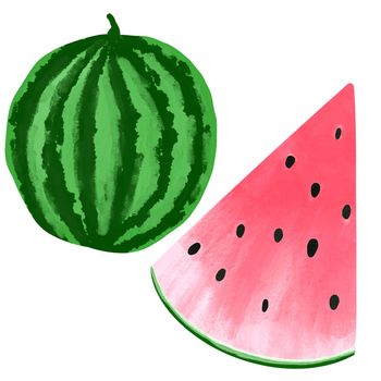 Hand drawn illustration of green red watermelon in simple minimalist style. Summer fruit party decor, healthy organic vegetarian vegan food, fresh tasty dessert slice closeup