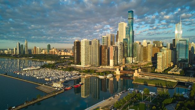 Image of Beautiful morning light over Chicago skyline at Navy Pier