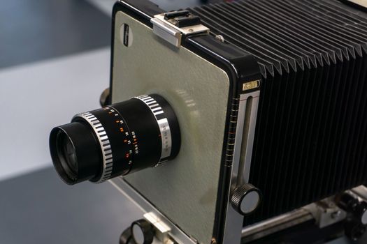 The old lens. Format camera. Cardan camera. Analog camera. Shooting on film or on paper. Retro camera close up