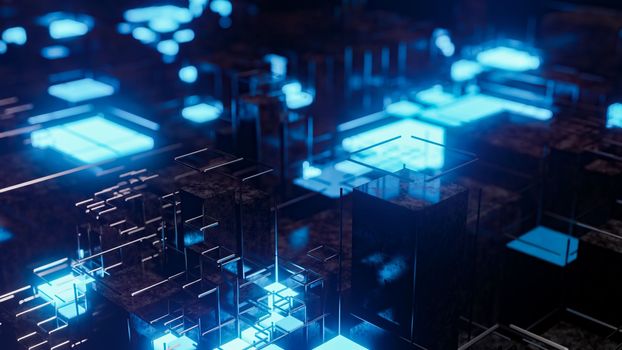 Wall with many pieces of blue and red light. 3D rendering illustration.