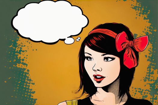 Asian female face. Young surprised woman with open mouth with empty speech bubble. Colorful background in art retro comic style. download image