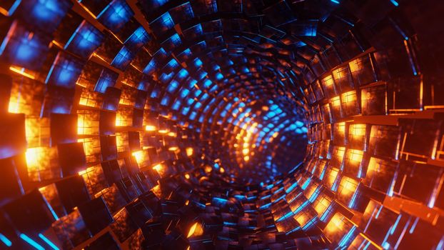 Flying through a tunnel of blue and orange metal cubes. 3D rendering illustration..