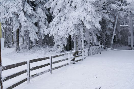 Ski lift station in the snow in the winter forest on the Wasserkuppe mountain in Rhen, Hesse, Germany. High quality photo