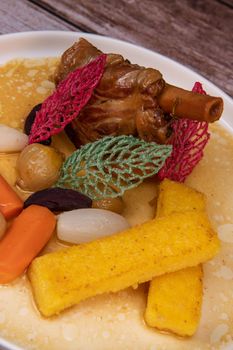 Lamb smil pie served with fried polenta, carrot, turnip, mushroom and sauce, Hight quality photo