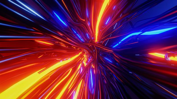 Flying through a tangle of colorful cables. 3D rendering illustration..