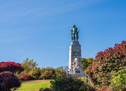 Bronze statue and monument to Samuel de Champlain in Plattsburgh in the northern part of New York State