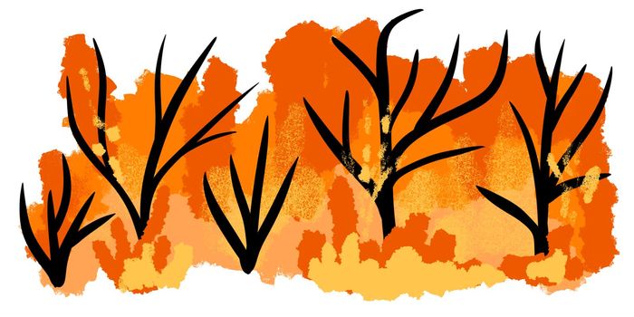 Hand drawn illustration of forest fire with black trees wood woodland in blazing orange red fire burning. Dangerous landscape emergency environmental catastrophe bush fire flame, nature disaster
