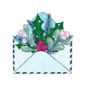 Hand drawn illustration of open letter envelope mailing list, sending business information invitation card. Christmas holly mistletoe winter december holiday green leaves foliage, festive blue snow