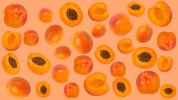 Creative levitation pattern with apricots. Selective focus. Isolated fruits. Packaging concept. Clip art image for package design.