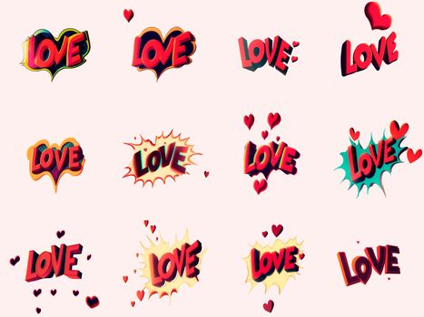 A selection of emblems with the word Love in the styles of comics and pop art