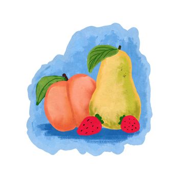 Hand drawn illustration still life of red strawberry yellow pear reach on blue background. Bright summer fruit composition, tropical diet vitamins, retro vintage style, healthy eating, messy painterly sketch