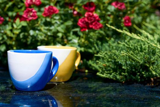 a small bowl-shaped container for drinking from, typically having a handle. Yellow and blue tea coffee cups and red flowers in greenery on a marble surface