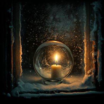A candle in a glass ball by a frozen window. High quality illustration