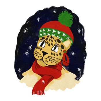 Hand drawn illustration of cute Christmas character leopard cheetah. African American cartoon for cards invitations poster, holiday season winter animal in scarf hat earrings, dark nigh sky with white snowflakes, funny celebration decoration