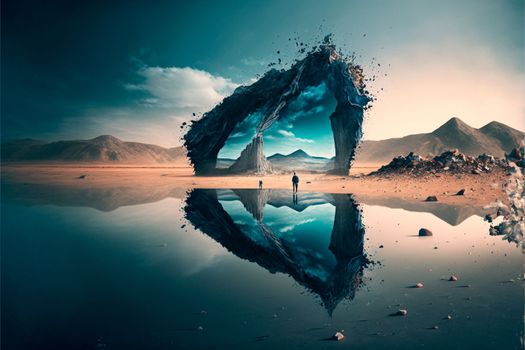 portal to another world on the river bank. High quality illustration
