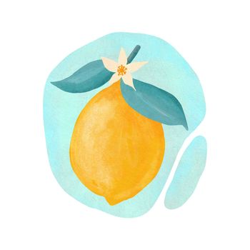 hand drawn illustration of yellow lemons with blue leaves turquoise background. Ripe Mediterranean citrus fruit in slices cut in half. Organic healthy vitamin vegetarian food concept. Food ingredient vitamin c tasty juicy