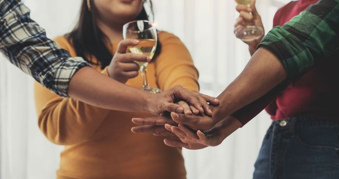 Cheers Young happy friends are toasting at the party at home. All wearing casual clothes and having fun