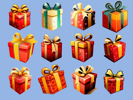 A colorful set of icons with Christmas gifts in the style of pop art