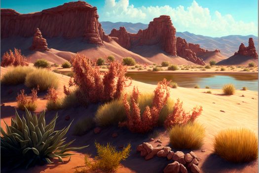 desert with mountains, cacti, bushes. High quality illustration
