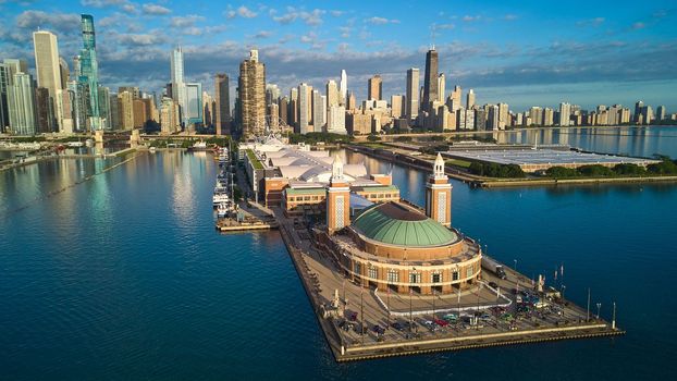 Image of Beautiful aerial view of entire Navy Pier and Chicago skyline in morning light