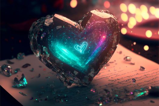 Glowing electronic heart on a letter. Cyberpunk style heart. High quality illustration
