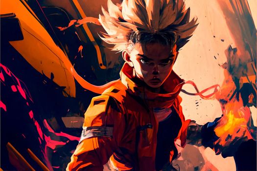 anime fighter on the background of the apocalypse. High quality illustration