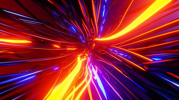 Flying through a tangle of flashing cables. 3D rendering illustration..