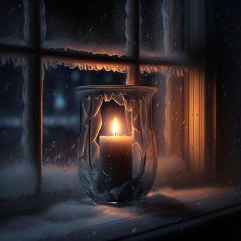 A candle in a glass by a frozen window. High quality illustration