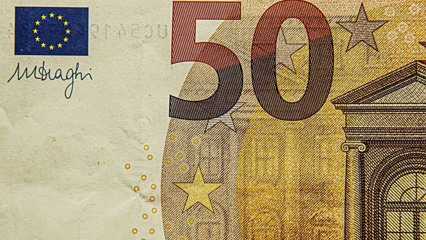 The bill is 50 euros. Macro photo. Paper money. Cash. Finance. Money.