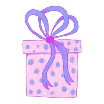 Hand drawn illustration of pink blue ift present box with ribbon bow. Cute funny bright birthday celebration decoration party, festive greeting decor, colorful sale concept event