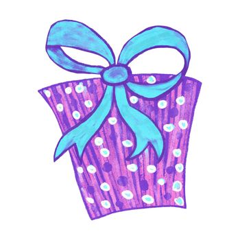 Hand drawn illustration of pink blue ift present box with ribbon bow. Cute funny bright birthday celebration decoration party, festive greeting decor, colorful sale concept event