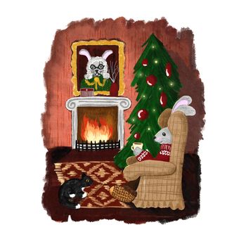 Hand drawn illustration of rabbit 2023 new year symbol in cozy home room apartment with christmas tree fireplace arm-chair. Cute retro vintage card poster, bunny hare chinese design, english scene