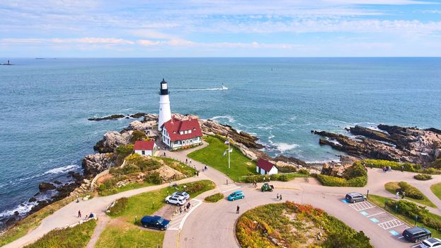 Image of Aerial over stunning Portland Head Light lighthouse on Maine coastline