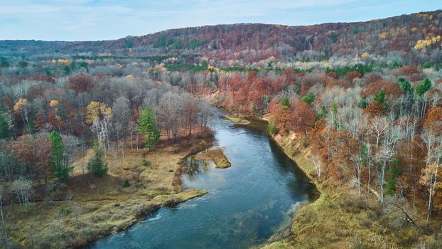 Image of Aerial view over river in late fall of Michigan
