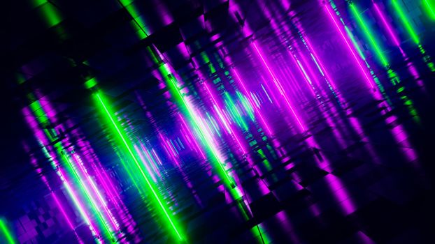 Flying between green and red fluorescent lights. 3D rendering illustration..