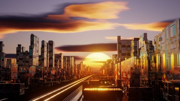 Flying over the city at sunset. 3D rendering illustration.
