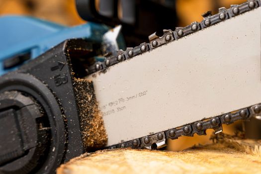 Close-up of the cutting tire and chainsaw cutting chain. electric chain saw on the background of a sawn tree. Firewood harvesting, forest clearing. Professional tool