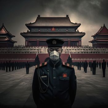 Guard man in mask on face with Chinese building on background. download image