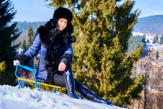 a vehicle on runners for conveying loads or passengers over snow or ice, often pulled by draft animals.A cute young woman in a blue sheepskin coat sits on a sled among the fir trees.