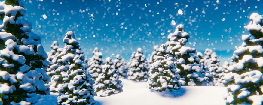 A walk in the snow-covered forest between the Christmas trees during a snowfall. 3D rendering illustration.