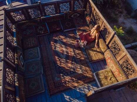 Beautiful morning in Cappadocia - a young couple on the Turkish terrace.