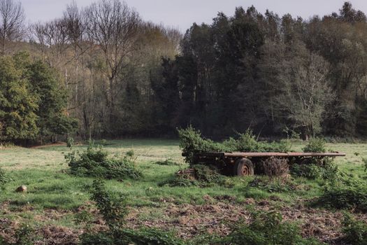 An abandoned and forgotten old agricultural utility vehicle in the old country field