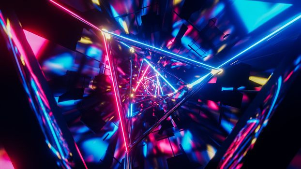 Motion graphic of flying into rotation triangle digital tunnel. 3D rendering illustration..