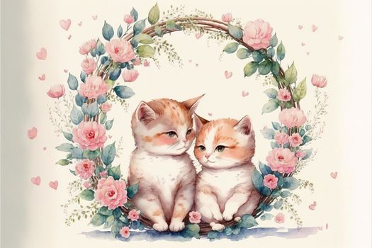 Cute little kitten in love on romantic Valentine's day hand drawn cartoon style. Generative AI